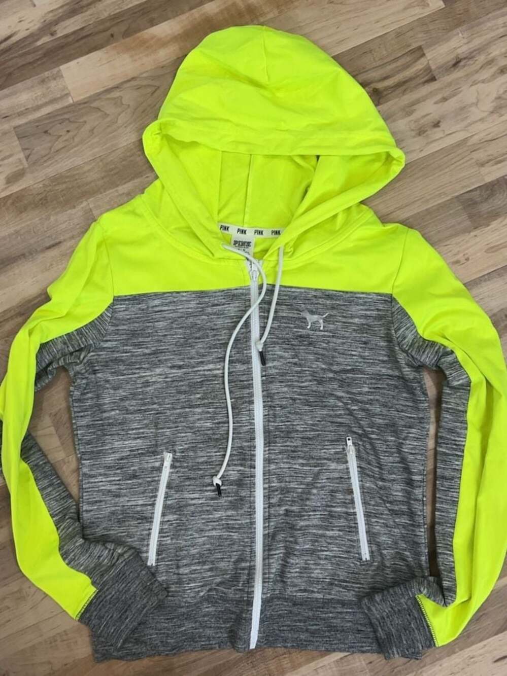 Victoria's Secret PINK Neon Yellow and Grey Zip-Up Hoodie Size M